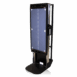 Front view of a vertical X-ray cassette holder with alignment markers and base