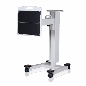 Mobile equipment stand with wheeled base and adjustable flat panel mounted on vertical column