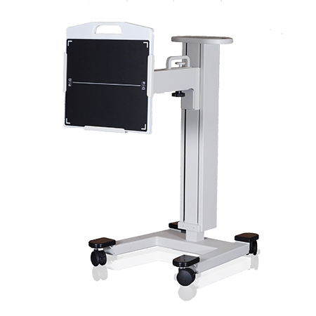 1-11 Mobile equipment stand with wheeled base and adjustable flat panel mounted on vertical column