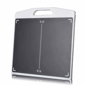 Flat rectangular X-ray detector panel with a handle on top