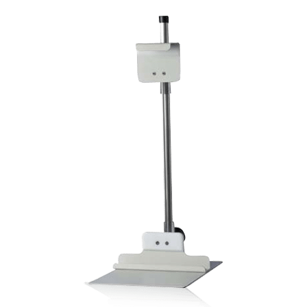 Vertical metal stand with white adjustable clamps and a flat base
