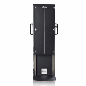 Front view of a vertical X-ray film holder with adjustable height scale, metal frame, and foot platform for upright radiographic positioning