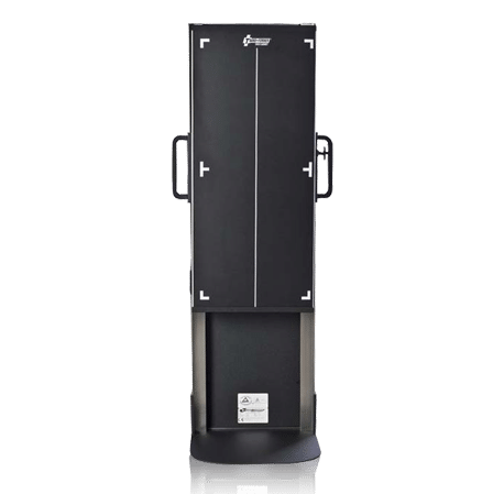 1-4 Front view of a vertical X-ray film holder with adjustable height scale, metal frame, and foot platform for upright radiographic positioning