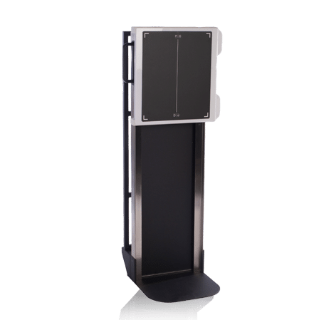 Wall-mounted transformer cabinet with square front panel in vertical position on a black metal frame
