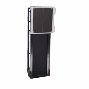 Wall-mounted transformer cabinet with square front panel in vertical position on a black metal frame