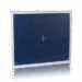 Flat rectangular panel with a dark blue surface, white edges, and a centered crosshair, shown upright on a reflective surface.