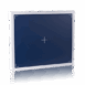 Flat rectangular panel with a dark blue surface, white edges, and a centered crosshair, shown upright on a reflective surface.