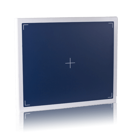 1-8 Flat rectangular panel with a dark blue surface, white edges, and a centered crosshair, shown upright on a reflective surface.