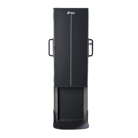 1-8 Front view of a vertical X-ray film holder with side handles and footrest, used for radiographic positioning.