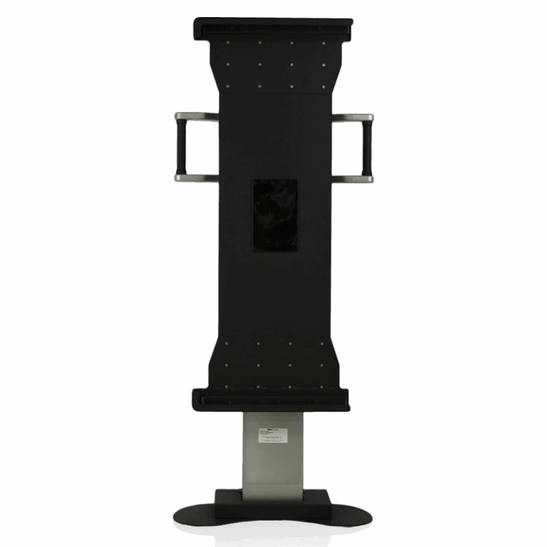 Vertical medical equipment stand with black mounting panel and integrated handles.