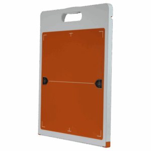 Orange X-ray grid with alignment markers and a white handle on the side.