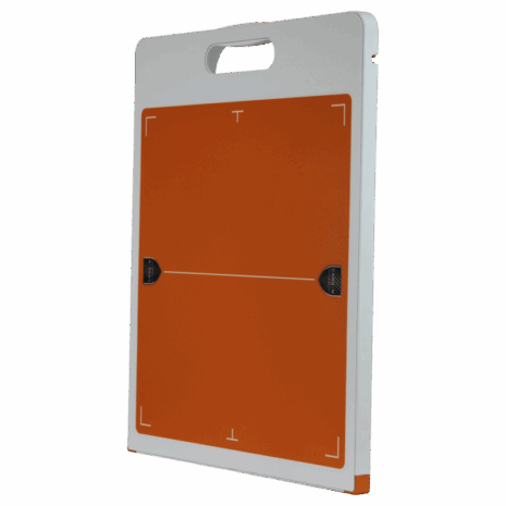 Orange X-ray grid with alignment markers and a white handle on the side.