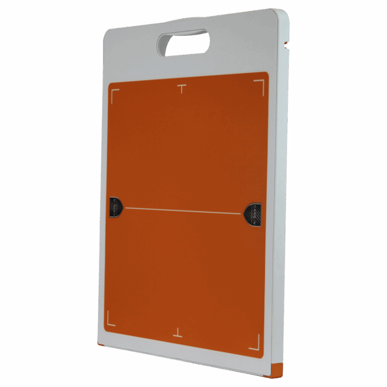 Orange X-ray grid with alignment markers and a white handle on the side.