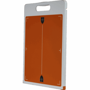 Orange flat panel with white border and integrated handle, featuring alignment markers and two black logos
