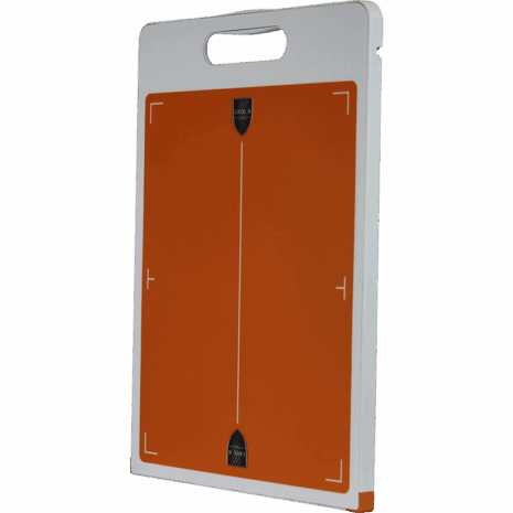 1-CCV14_HERO Orange flat panel with white border and integrated handle, featuring alignment markers and two black logos