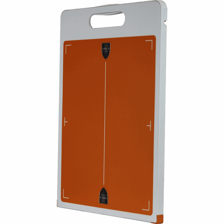 Orange flat panel with white border and integrated handle, featuring alignment markers and two black logos