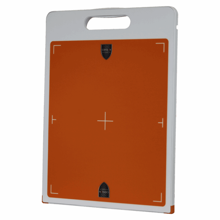 Orange imaging panel with a white frame, alignment markers, and a built-in top handle shown upright.