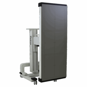 Angled view of a mobile X-ray panel holder with vertical alignment grids, Reina Imaging branding, and four caster wheels.