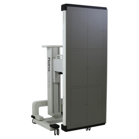 Angled view of a mobile X-ray panel holder with vertical alignment grids, Reina Imaging branding, and four caster wheels.