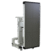 Angled view of a mobile X-ray panel holder with vertical alignment grids, Reina Imaging branding, and four caster wheels.
