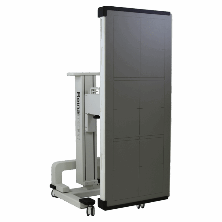 Angled view of a mobile X-ray panel holder with vertical alignment grids, Reina Imaging branding, and four caster wheels.