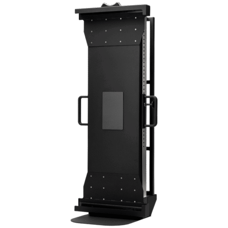 1-HERO-TM-CO-DRXL Angled view of a tall black metal cart with handles and mounting brackets