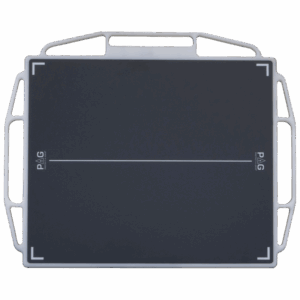 Front view of a black X-ray grid with white alignment markers, encased in a white protective frame with multiple handles