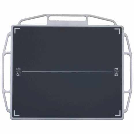 1-Hero-P3H14 Front view of a black X-ray grid with white alignment markers, encased in a white protective frame with multiple handles