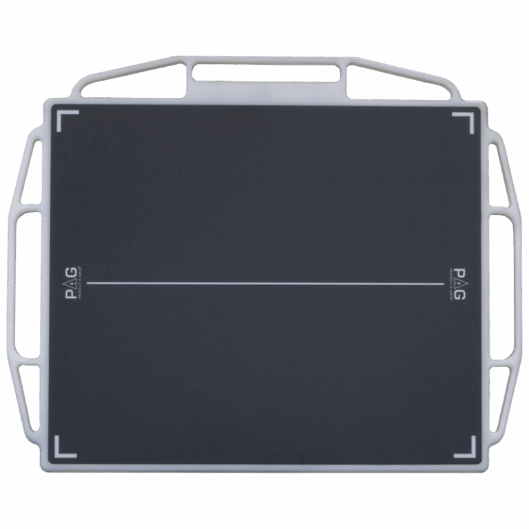 Front view of a black X-ray grid with white alignment markers, encased in a white protective frame with multiple handles