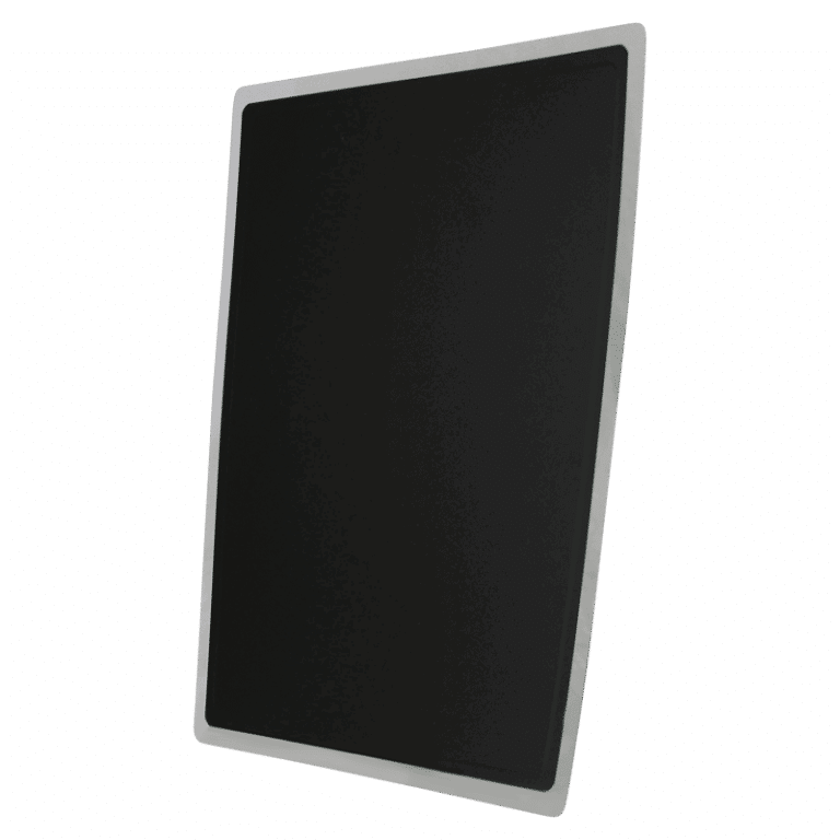 Black flat panel detector inside a white holder, shown at an angle