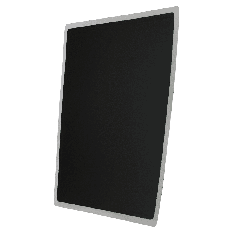 Black flat panel detector inside a white holder, shown at an angle
