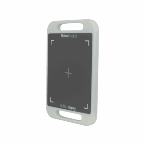 White protective case with handles and a black panel featuring a crosshair design