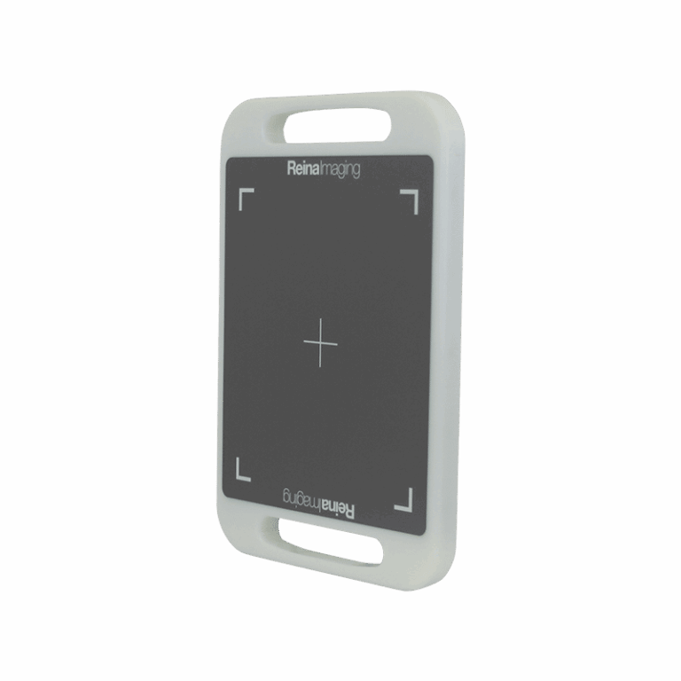 White protective case with handles and a black panel featuring a crosshair design