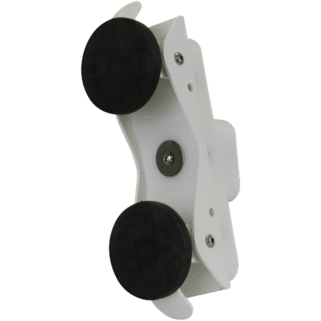 1-NDT4HFEMMK_2751 White adjustable holder with two large black pads and a central screw, shown at an angle.
