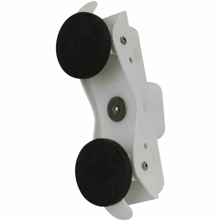 White adjustable holder with two large black pads and a central screw, shown at an angle.