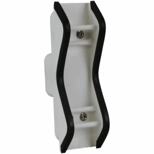 White holder with two curved black edges and two visible screws, mounted on a central backing.