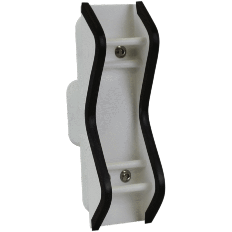 1-NDT4HFEPMK6_2758 White holder with two curved black edges and two visible screws, mounted on a central backing.