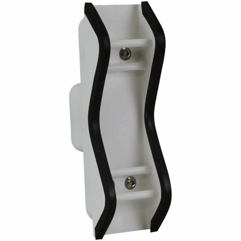 White holder with two curved black edges and two visible screws, mounted on a central backing.
