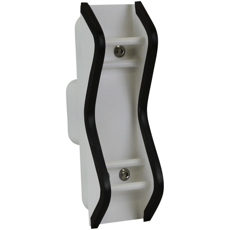 White holder with two curved black edges and two visible screws, mounted on a central backing.