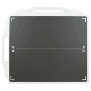 Front view of a black X-ray grid with white alignment markers, encased in a white protective frame with two handles