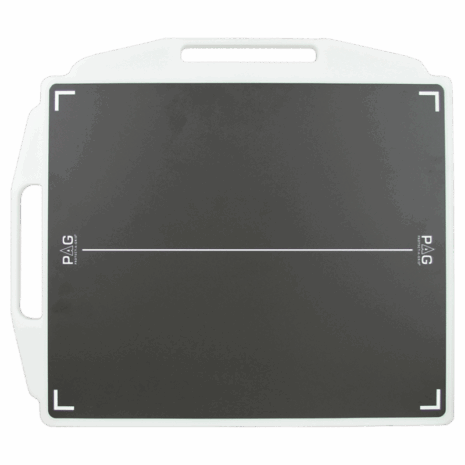 Front view of a black X-ray grid with white alignment markers, encased in a white protective frame with two handles