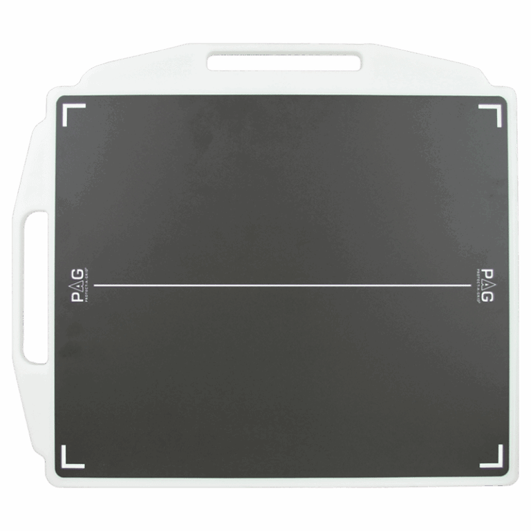 Front view of a black X-ray grid with white alignment markers, encased in a white protective frame with two handles