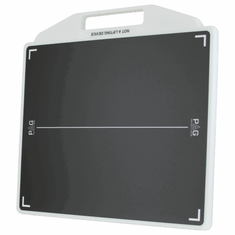 1-PBDR14-HERO Flat black radiology positioning board with white alignment markings and a built-in handle at the top.