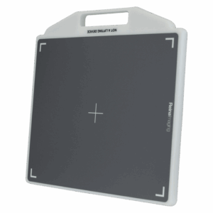 Angled view of a gray panel with white frame, integrated handle, and alignment markers.