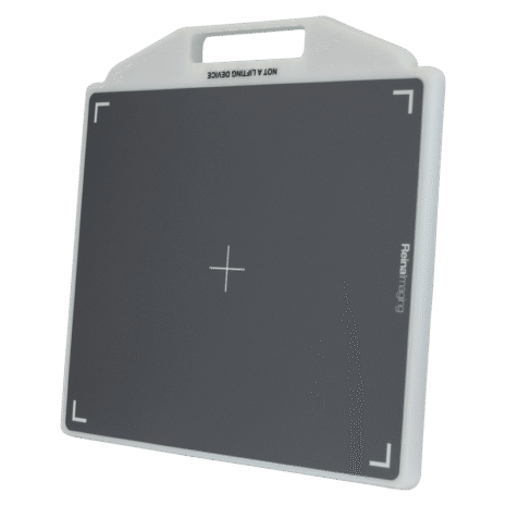 1-PBDRNG14_TUBE-HERO Angled view of a gray panel with white frame, integrated handle, and alignment markers.