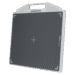 Angled view of a gray panel with white frame, integrated handle, and alignment markers.