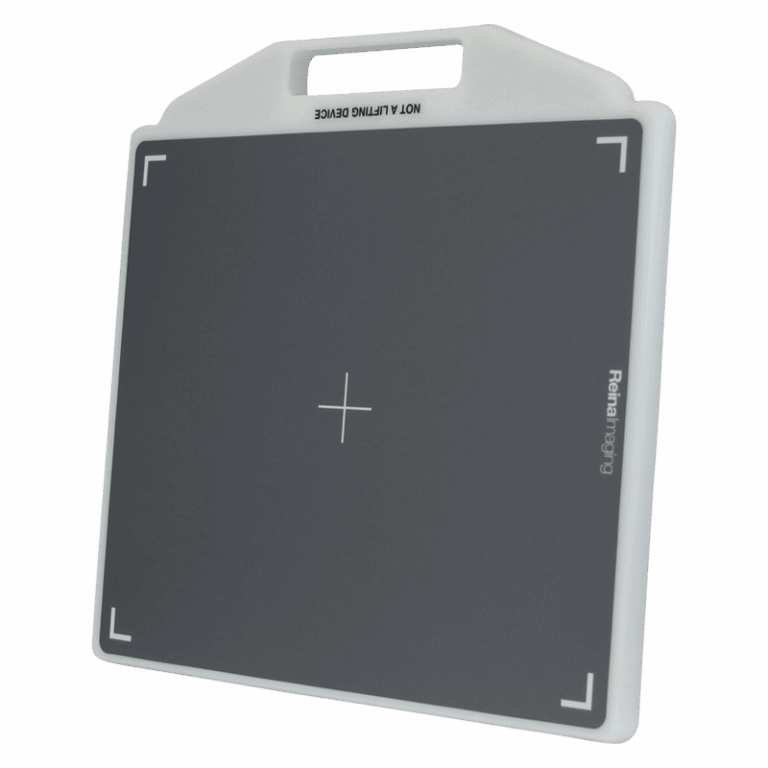 Angled view of a gray panel with white frame, integrated handle, and alignment markers.