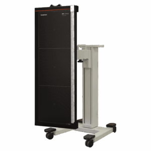 Mobile X-ray panel stand with black detector, height scale, and caster wheels