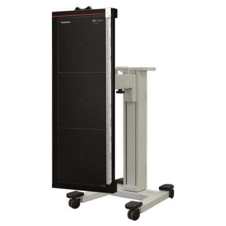 1-POSP-CO-DRXL_HERO Mobile X-ray panel stand with black detector, height scale, and caster wheels