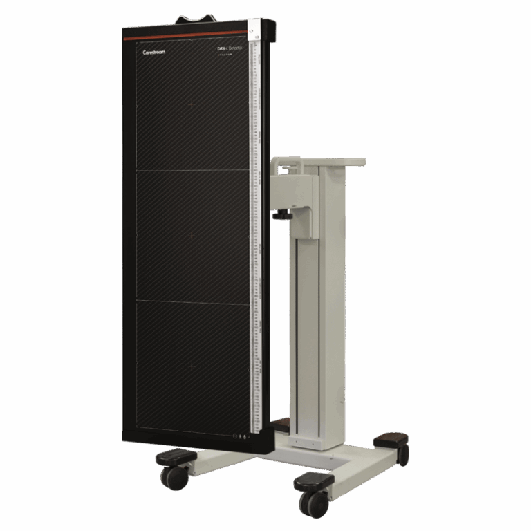 Mobile X-ray panel stand with black detector, height scale, and caster wheels
